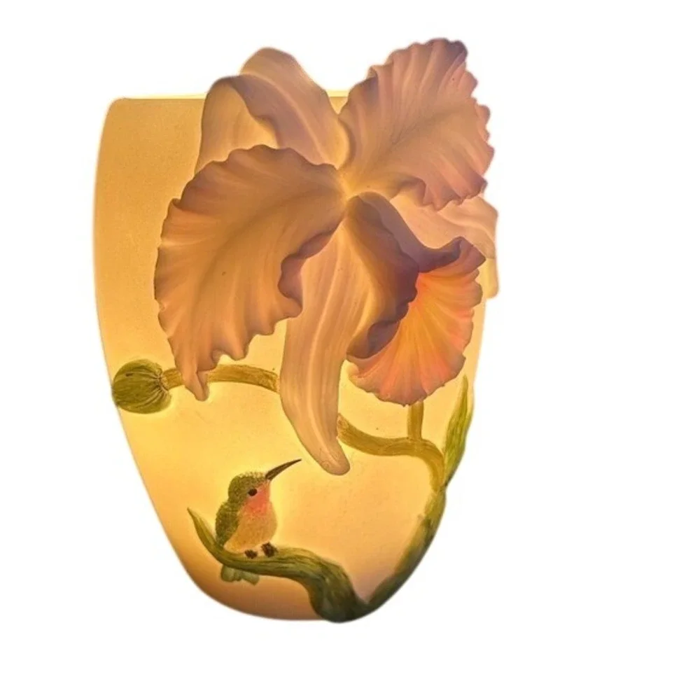 Floral Orchid and Hummingbird 3D Accent‎ Lamp Night Light Warm Glow Pink Green